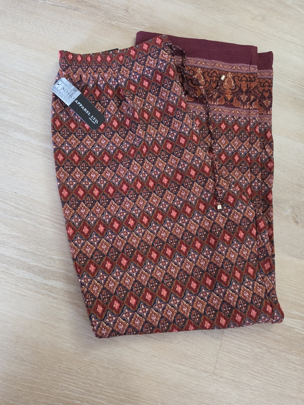 Red Patterned Drawstring Pants - Picture 2 of 4